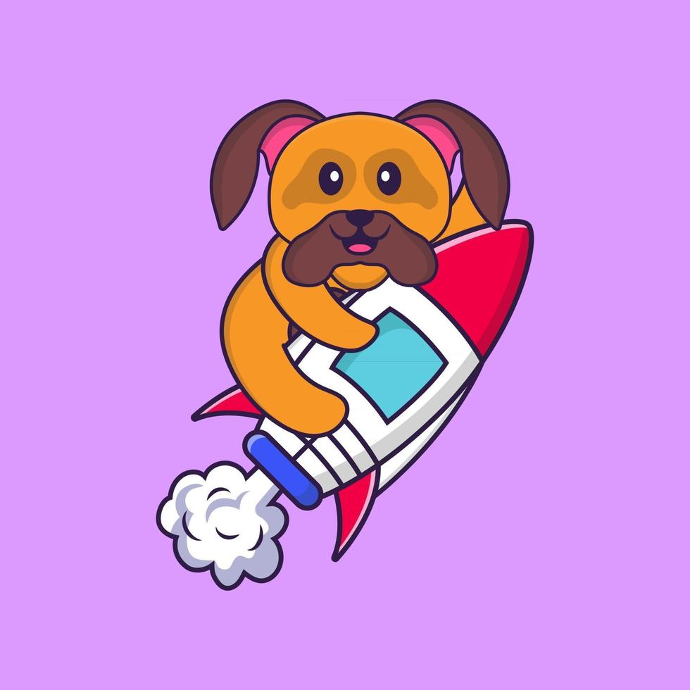 schattige hond die op raket vliegt. dierlijk beeldverhaalconcept geïsoleerd. kan worden gebruikt voor t-shirt, wenskaart, uitnodigingskaart of mascotte. platte cartoonstijl vector