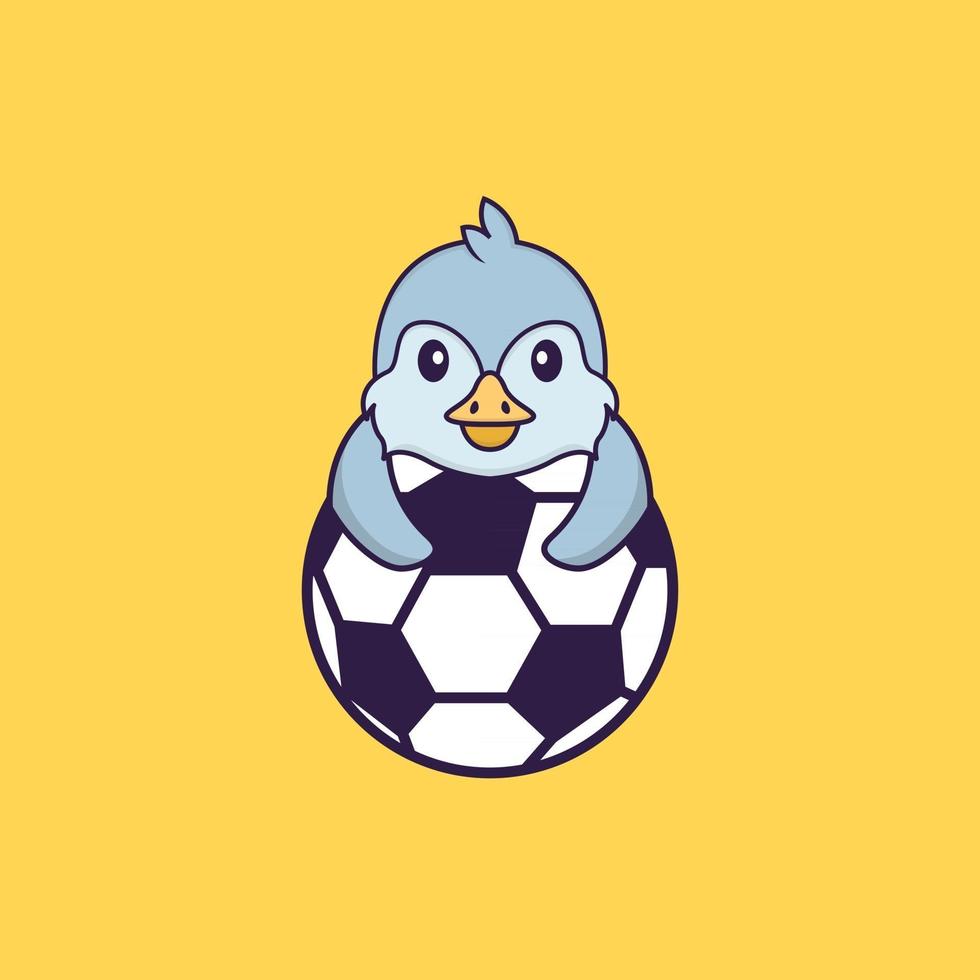 schattige vogel aan het voetballen. dierlijk beeldverhaalconcept geïsoleerd. kan worden gebruikt voor t-shirt, wenskaart, uitnodigingskaart of mascotte. platte cartoonstijl vector