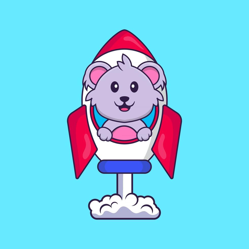 schattige koala die op raket vliegt. dierlijk beeldverhaalconcept geïsoleerd. kan worden gebruikt voor t-shirt, wenskaart, uitnodigingskaart of mascotte. platte cartoonstijl vector