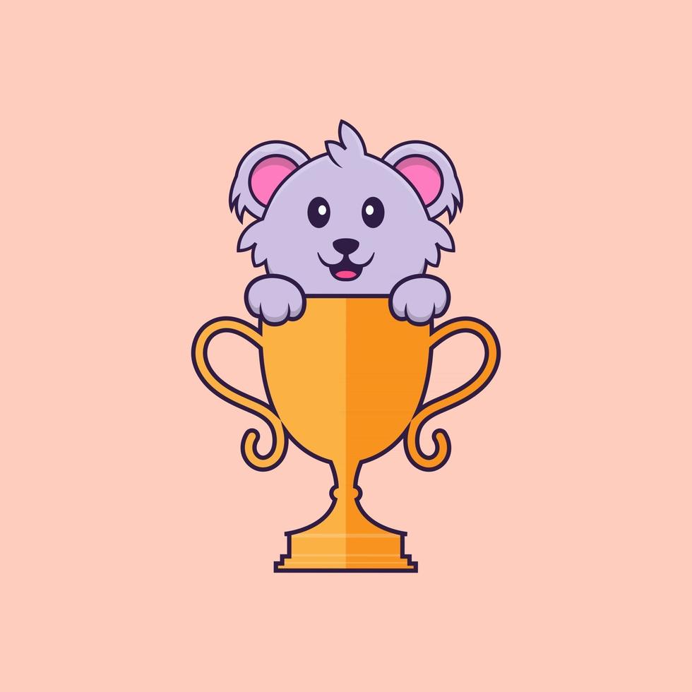 schattige koala met gouden trofee. dierlijk beeldverhaalconcept geïsoleerd. kan worden gebruikt voor t-shirt, wenskaart, uitnodigingskaart of mascotte. platte cartoonstijl vector