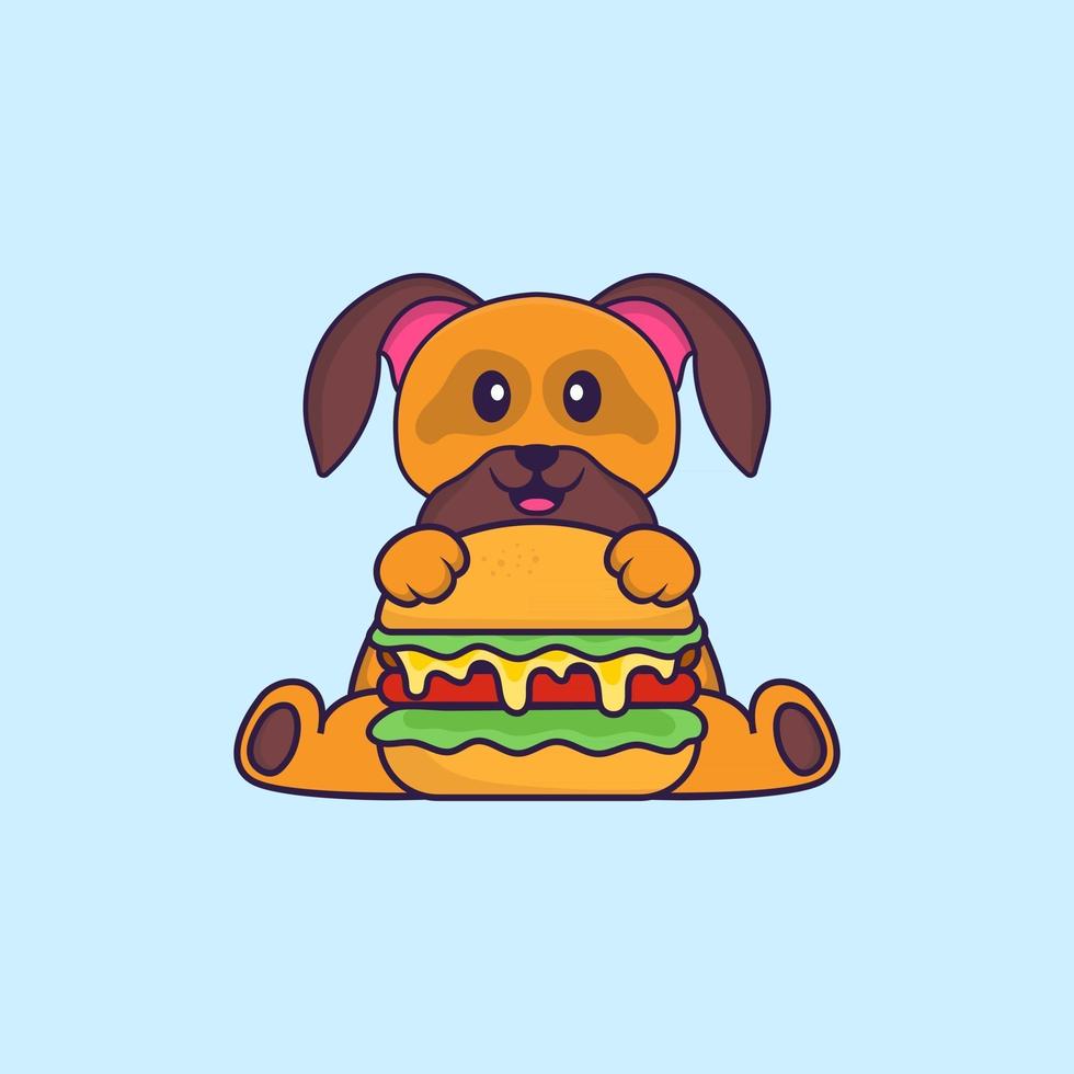 schattige hond die hamburger eet. dierlijk beeldverhaalconcept geïsoleerd. kan worden gebruikt voor t-shirt, wenskaart, uitnodigingskaart of mascotte. platte cartoonstijl vector