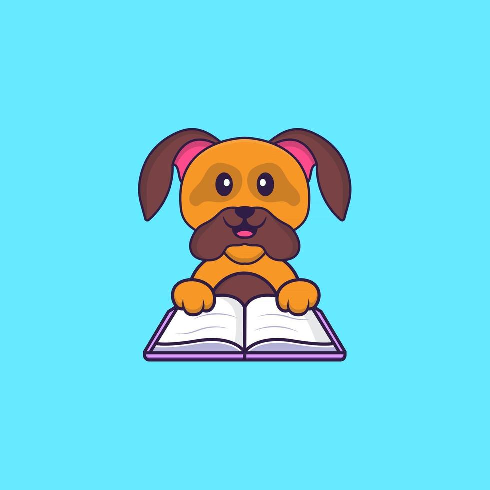 schattige hond die een boek leest. dierlijk beeldverhaalconcept geïsoleerd. kan worden gebruikt voor t-shirt, wenskaart, uitnodigingskaart of mascotte. platte cartoonstijl vector