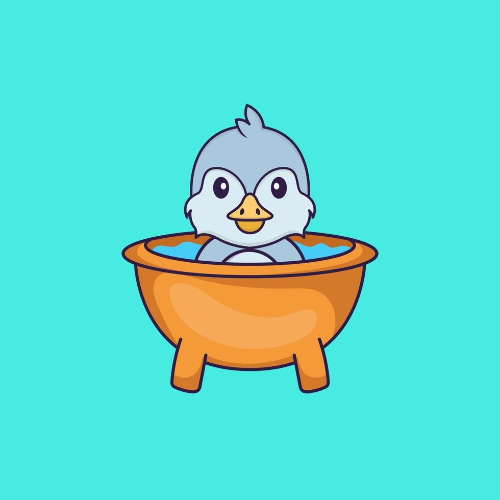 schattige vogel die een bad neemt in de badkuip. dierlijk beeldverhaalconcept geïsoleerd. kan worden gebruikt voor t-shirt, wenskaart, uitnodigingskaart of mascotte. platte cartoonstijl vector