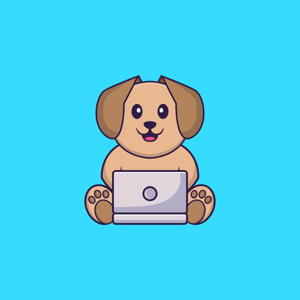 schattige hond met behulp van laptop. dierlijk beeldverhaalconcept geïsoleerd. kan worden gebruikt voor t-shirt, wenskaart, uitnodigingskaart of mascotte. platte cartoonstijl vector