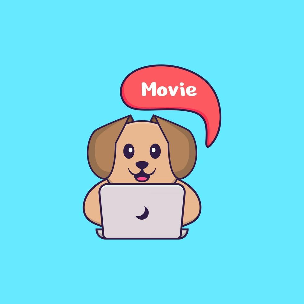 schattige hond kijkt naar een film. dierlijk beeldverhaalconcept geïsoleerd. kan worden gebruikt voor t-shirt, wenskaart, uitnodigingskaart of mascotte. platte cartoonstijl vector