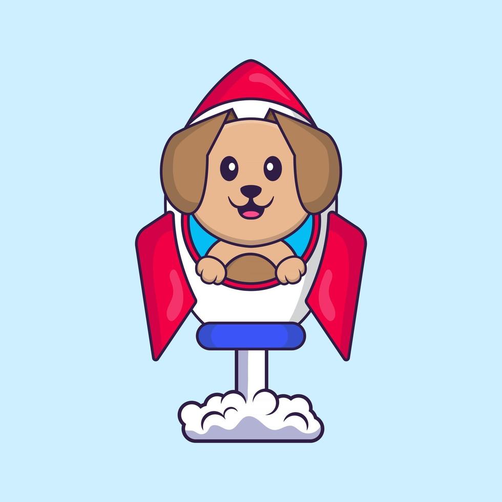 schattige hond die op raket vliegt. dierlijk beeldverhaalconcept geïsoleerd. kan worden gebruikt voor t-shirt, wenskaart, uitnodigingskaart of mascotte. platte cartoonstijl vector