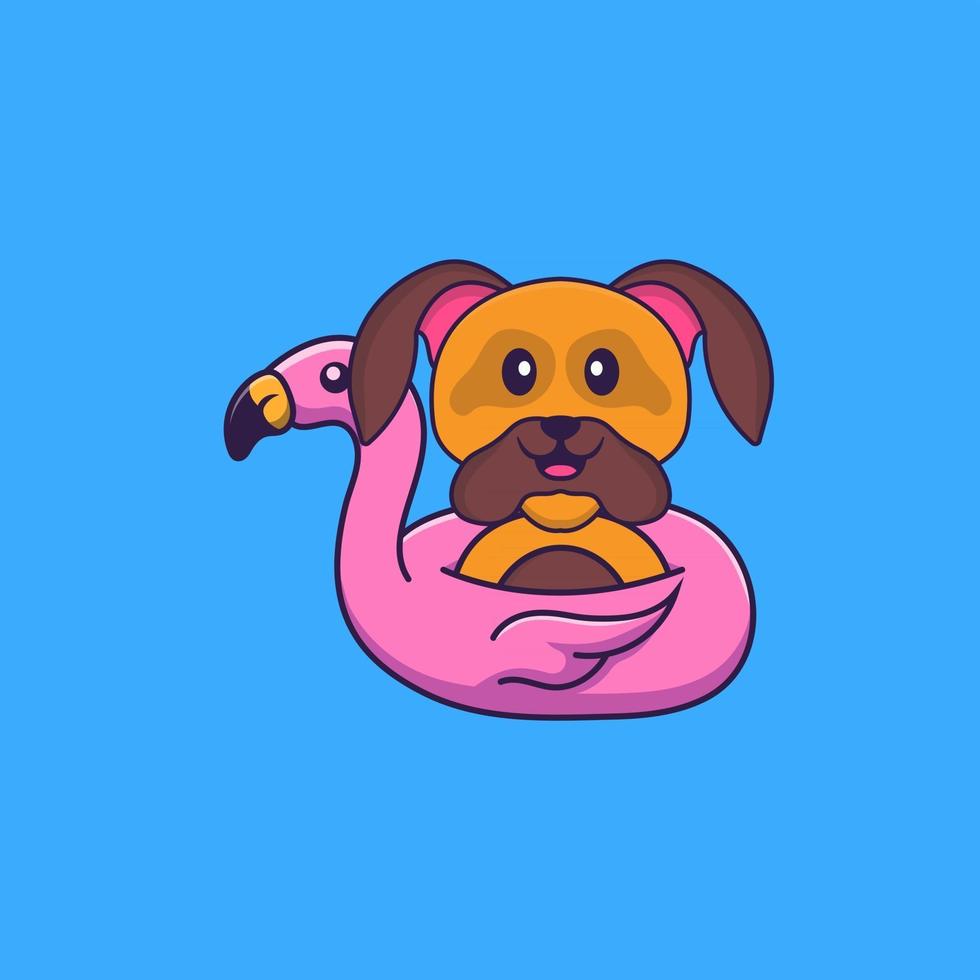 schattige hond met flamingo boei. dierlijk beeldverhaalconcept geïsoleerd. kan worden gebruikt voor t-shirt, wenskaart, uitnodigingskaart of mascotte. platte cartoonstijl vector