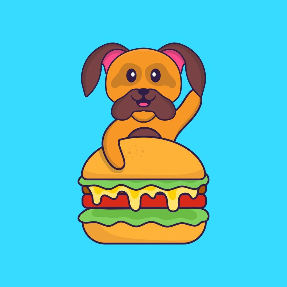 schattige hond die hamburger eet. dierlijk beeldverhaalconcept geïsoleerd. kan worden gebruikt voor t-shirt, wenskaart, uitnodigingskaart of mascotte. platte cartoonstijl vector