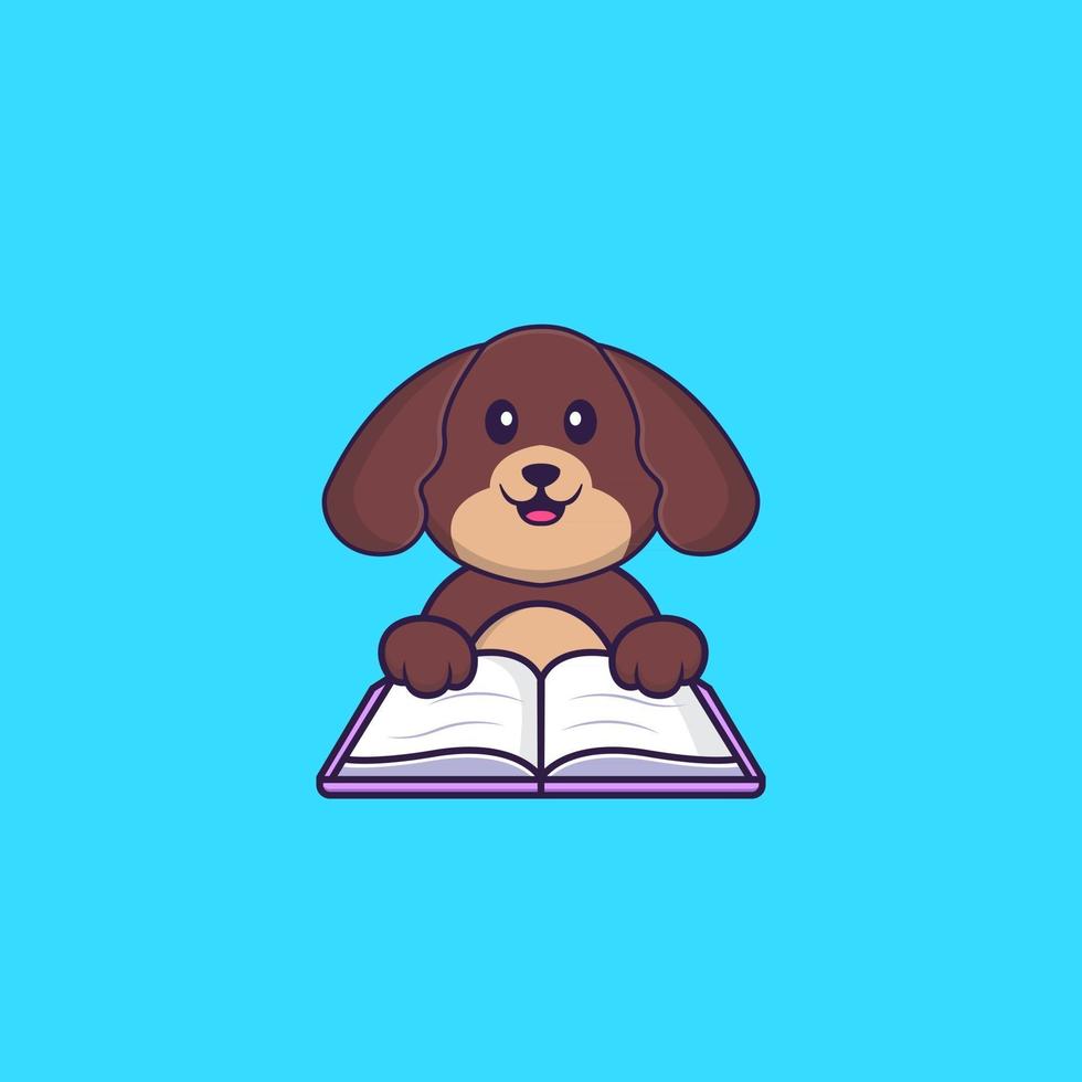 schattige hond die een boek leest. dierlijk beeldverhaalconcept geïsoleerd. kan worden gebruikt voor t-shirt, wenskaart, uitnodigingskaart of mascotte. platte cartoonstijl vector