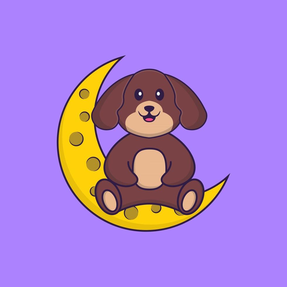 schattige hond zit op de maan. dierlijk beeldverhaalconcept geïsoleerd. kan worden gebruikt voor t-shirt, wenskaart, uitnodigingskaart of mascotte. platte cartoonstijl vector