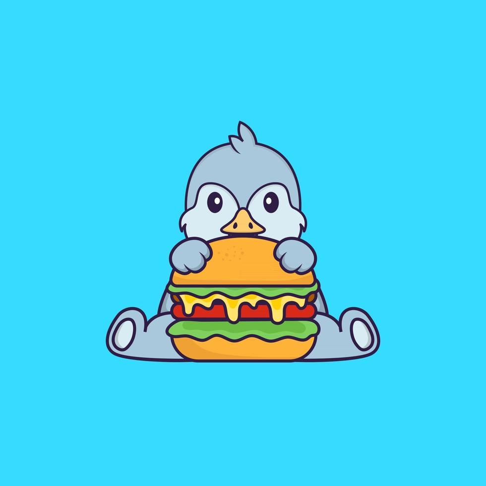 schattige vogel die hamburger eet. dierlijk beeldverhaalconcept geïsoleerd. kan worden gebruikt voor t-shirt, wenskaart, uitnodigingskaart of mascotte. platte cartoonstijl vector