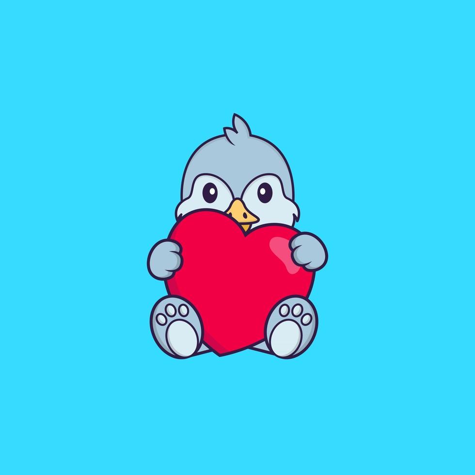 schattige vogel met een groot rood hart. dierlijk beeldverhaalconcept geïsoleerd. kan worden gebruikt voor t-shirt, wenskaart, uitnodigingskaart of mascotte. platte cartoonstijl vector