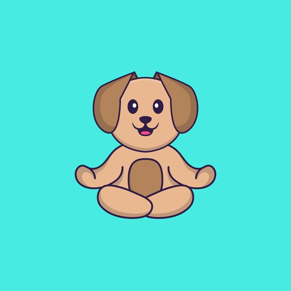 schattige hond mediteert of doet yoga. dierlijk beeldverhaalconcept geïsoleerd. kan worden gebruikt voor t-shirt, wenskaart, uitnodigingskaart of mascotte. platte cartoonstijl vector