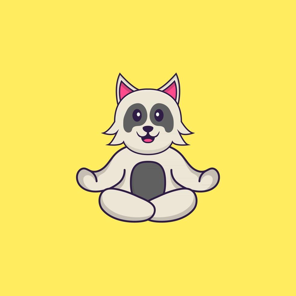 schattige hond mediteert of doet yoga. dierlijk beeldverhaalconcept geïsoleerd. kan worden gebruikt voor t-shirt, wenskaart, uitnodigingskaart of mascotte. platte cartoonstijl vector