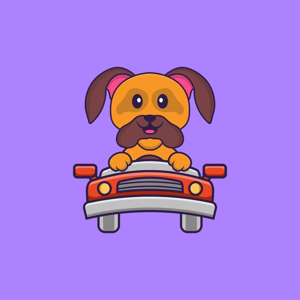 schattige hond rijdt. dierlijk beeldverhaalconcept geïsoleerd. kan worden gebruikt voor t-shirt, wenskaart, uitnodigingskaart of mascotte. platte cartoonstijl vector