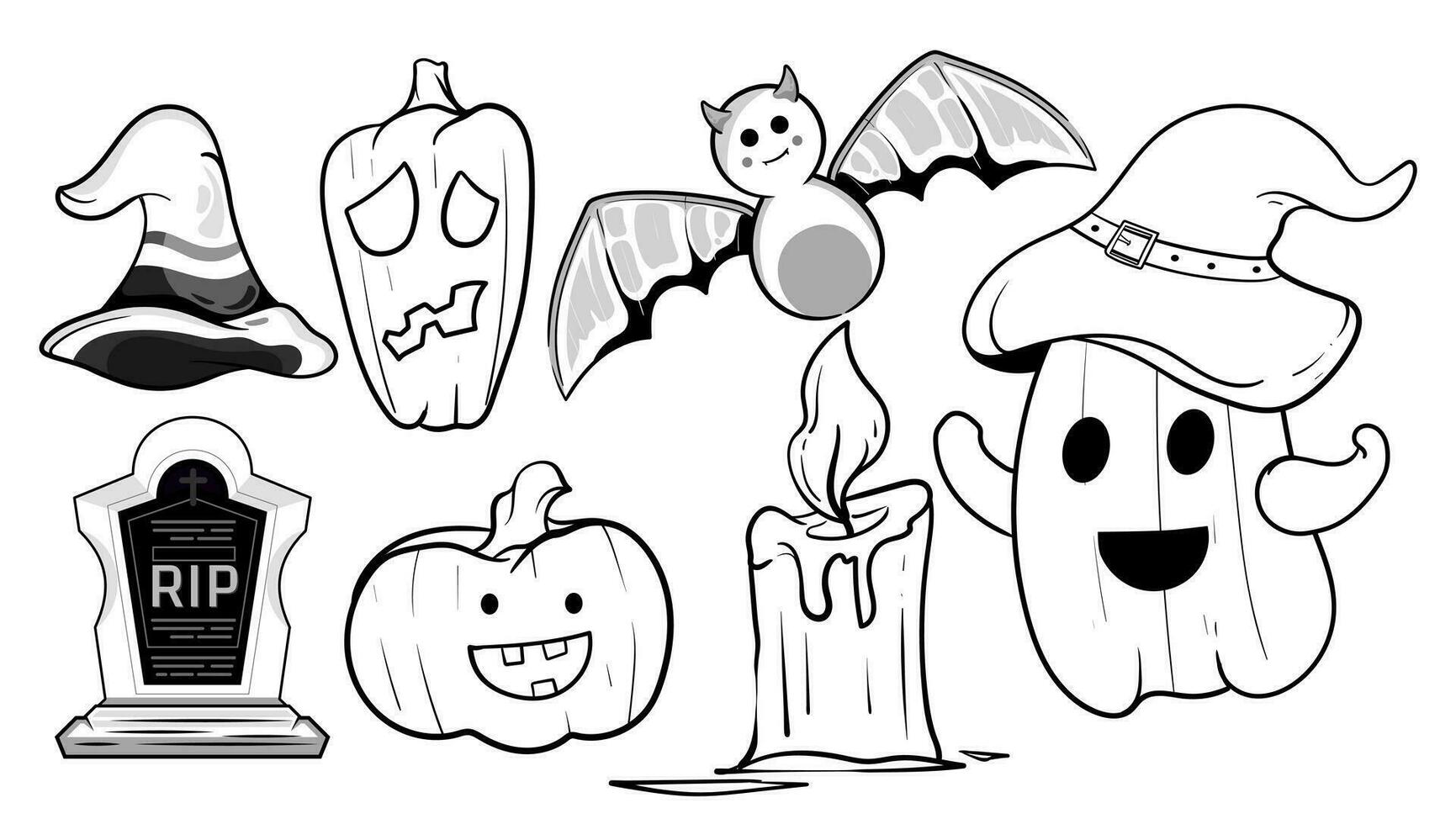 reeks van halloween tekening zwart en wit halloween elementen. traditioneel samhain partij clip art. eng verzameling met jack-o-lantern, spin, geest, schedel, vleermuizen, heks, vampier vector