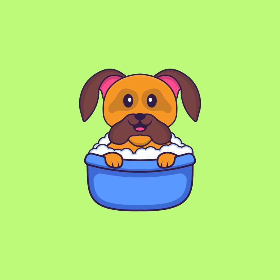 schattige hond die een bad neemt in de badkuip. dierlijk beeldverhaalconcept geïsoleerd. kan worden gebruikt voor t-shirt, wenskaart, uitnodigingskaart of mascotte. platte cartoonstijl vector