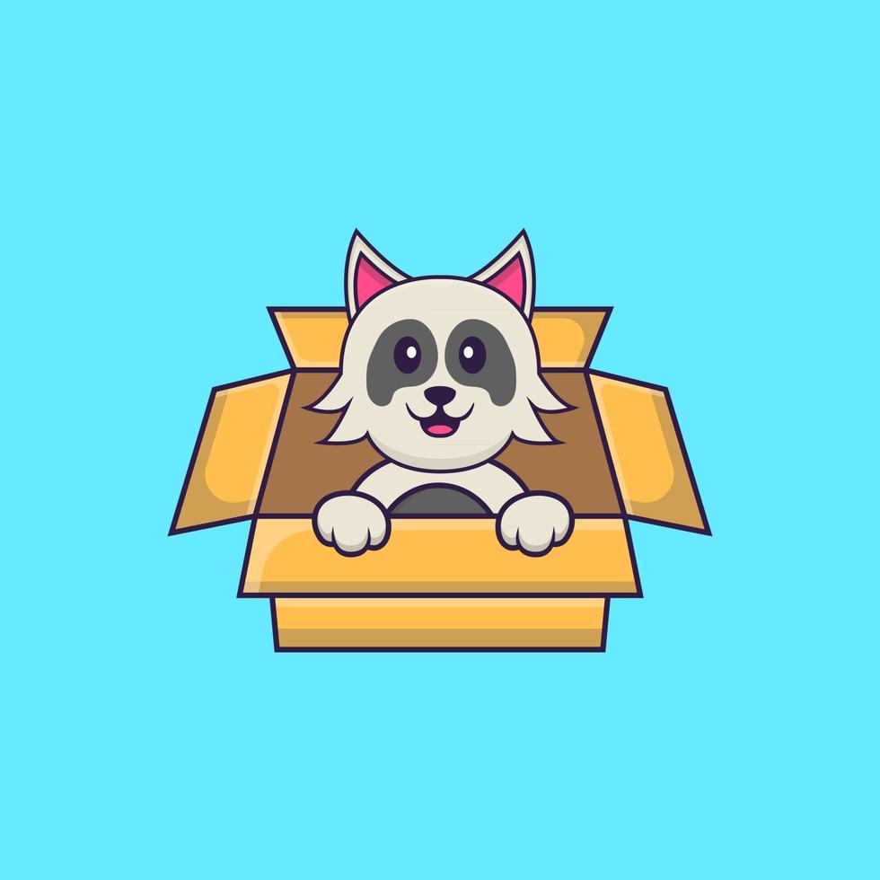 schattige hond spelen in doos. dierlijk beeldverhaalconcept geïsoleerd. kan worden gebruikt voor t-shirt, wenskaart, uitnodigingskaart of mascotte. platte cartoonstijl vector