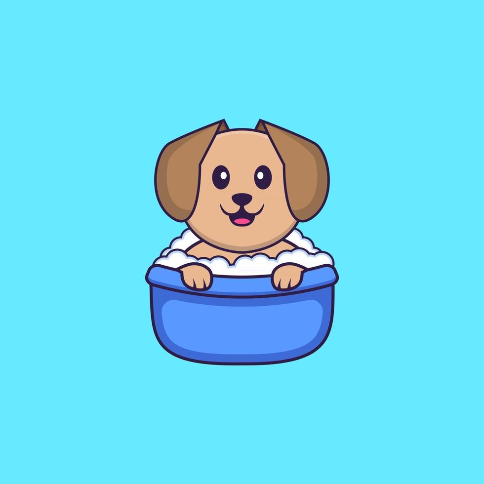 schattige hond die een bad neemt in de badkuip. dierlijk beeldverhaalconcept geïsoleerd. kan worden gebruikt voor t-shirt, wenskaart, uitnodigingskaart of mascotte. platte cartoonstijl vector