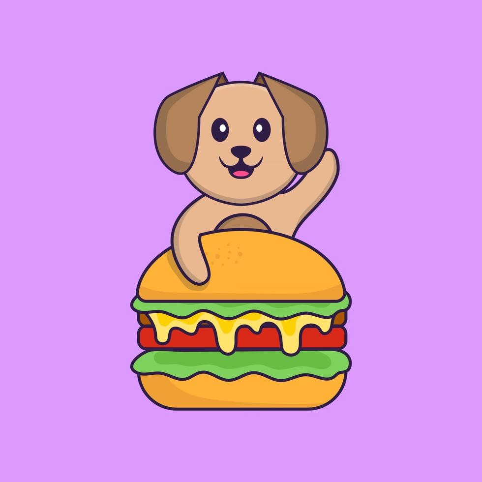 schattige hond die hamburger eet. dierlijk beeldverhaalconcept geïsoleerd. kan worden gebruikt voor t-shirt, wenskaart, uitnodigingskaart of mascotte. platte cartoonstijl vector