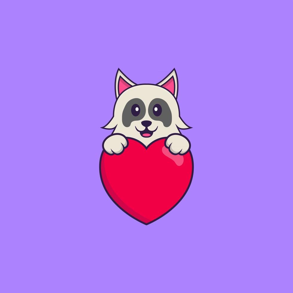 schattige hond met een groot rood hart. dierlijk beeldverhaalconcept geïsoleerd. kan worden gebruikt voor t-shirt, wenskaart, uitnodigingskaart of mascotte. platte cartoonstijl vector