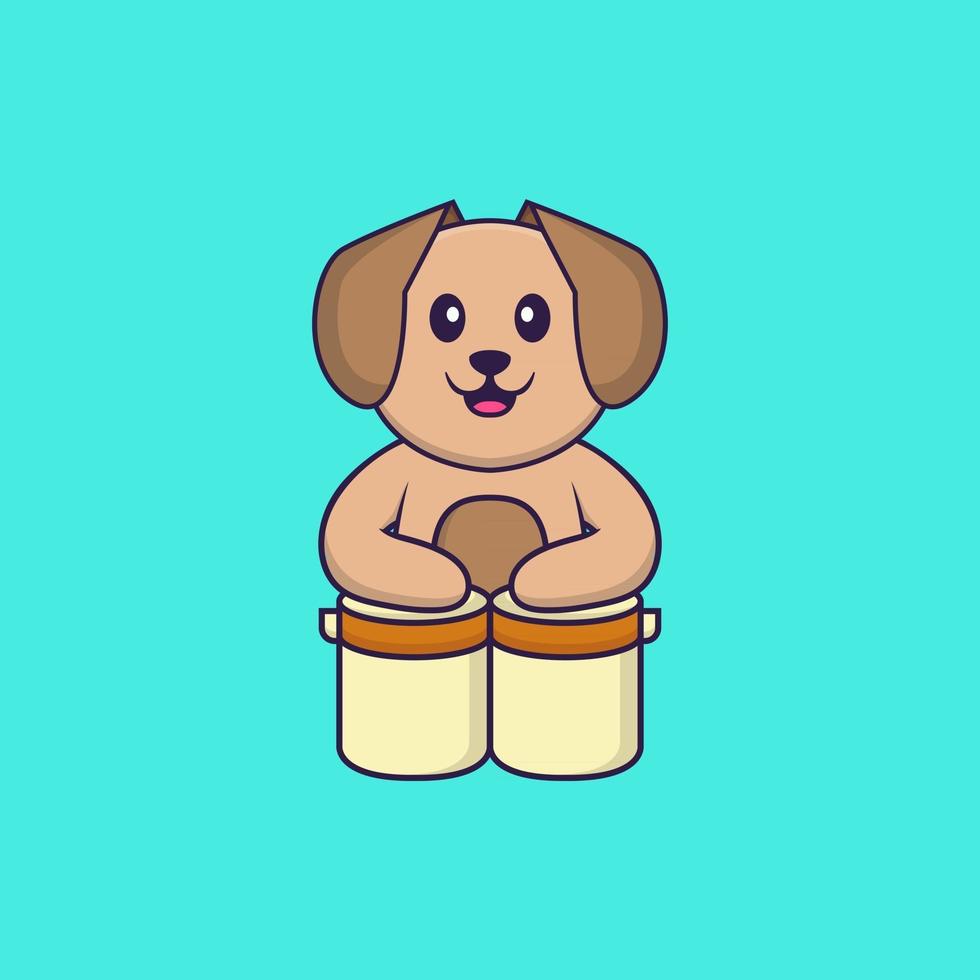 schattige hond speelt drums. dierlijk beeldverhaalconcept geïsoleerd. kan worden gebruikt voor t-shirt, wenskaart, uitnodigingskaart of mascotte. platte cartoonstijl vector