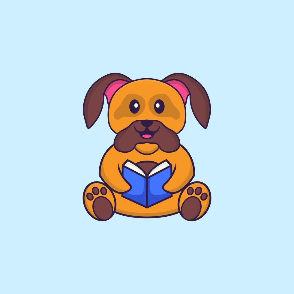 schattige hond die een boek leest. dierlijk beeldverhaalconcept geïsoleerd. kan worden gebruikt voor t-shirt, wenskaart, uitnodigingskaart of mascotte. platte cartoonstijl vector