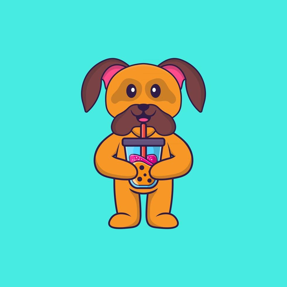 schattige hond die boba-melkthee drinkt. dierlijk beeldverhaalconcept geïsoleerd. kan worden gebruikt voor t-shirt, wenskaart, uitnodigingskaart of mascotte. platte cartoonstijl vector