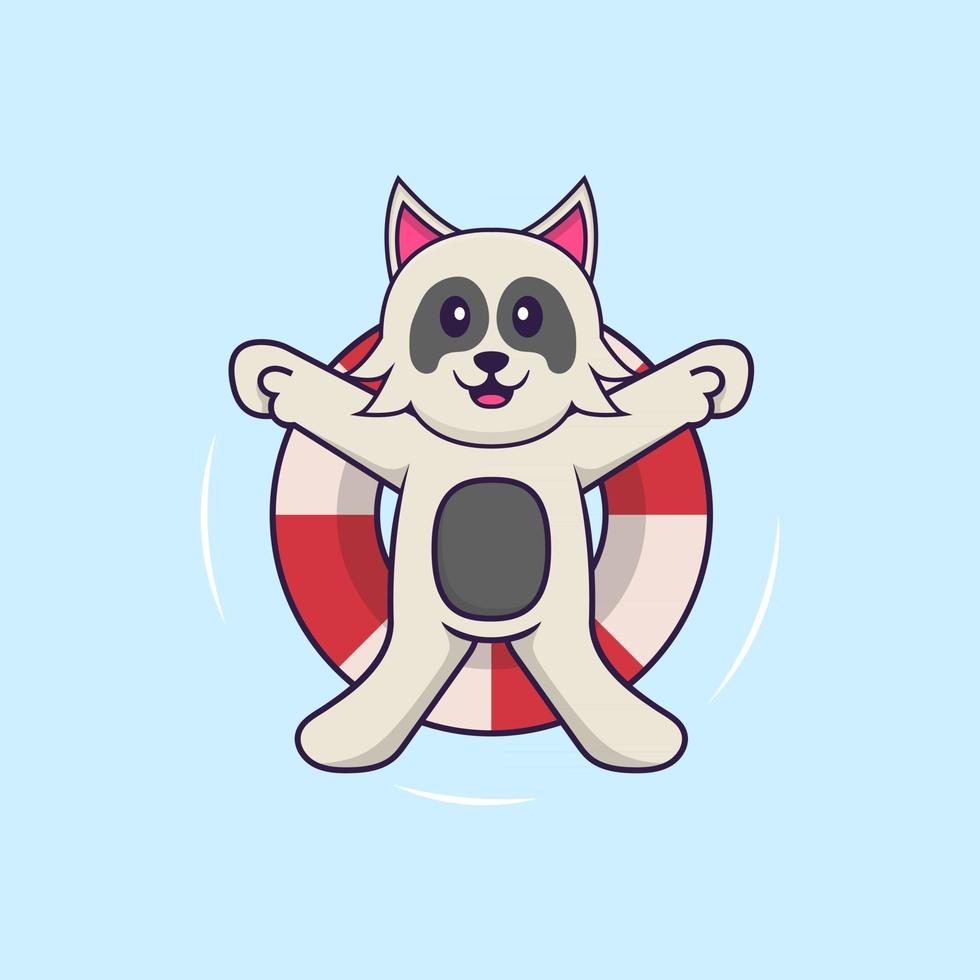 schattige hond zwemt met een boei. dierlijk beeldverhaalconcept geïsoleerd. kan worden gebruikt voor t-shirt, wenskaart, uitnodigingskaart of mascotte. platte cartoonstijl vector