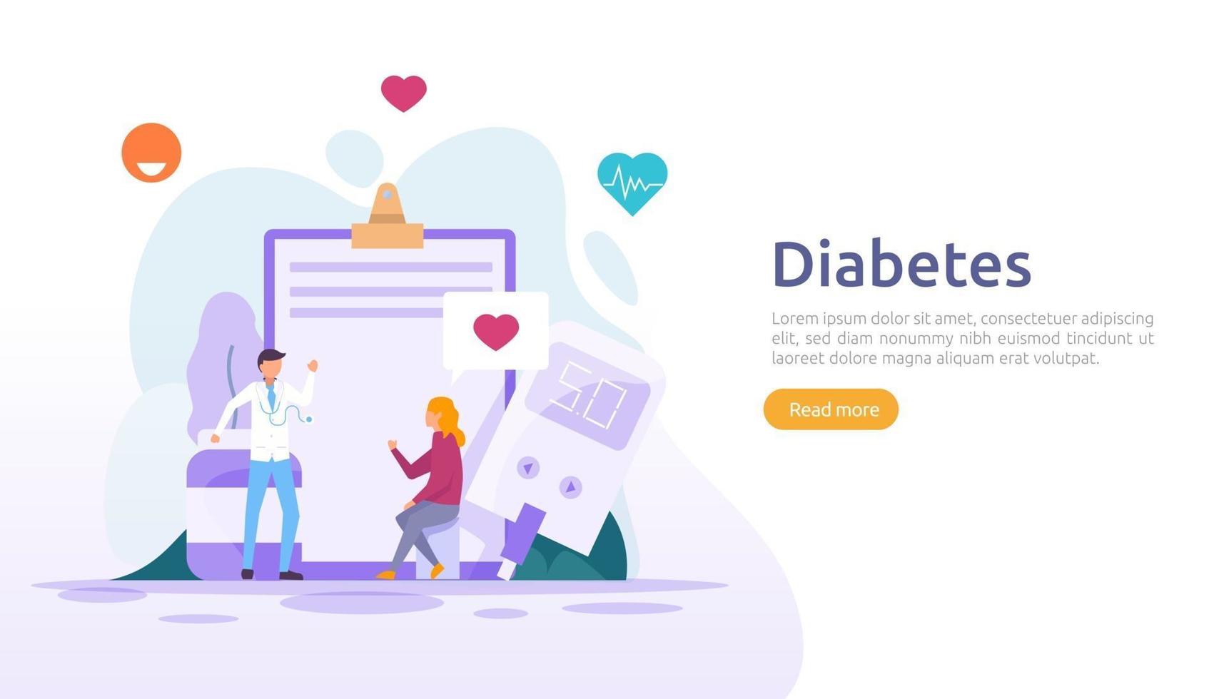 diabetes mellitus monitoring concept. suikerspiegel bloedmetingen met glucosetestmeter. insuline-injectiebehandeling en dieetcontroletherapie. illustratiesjabloon voor webbestemmingspagina vector