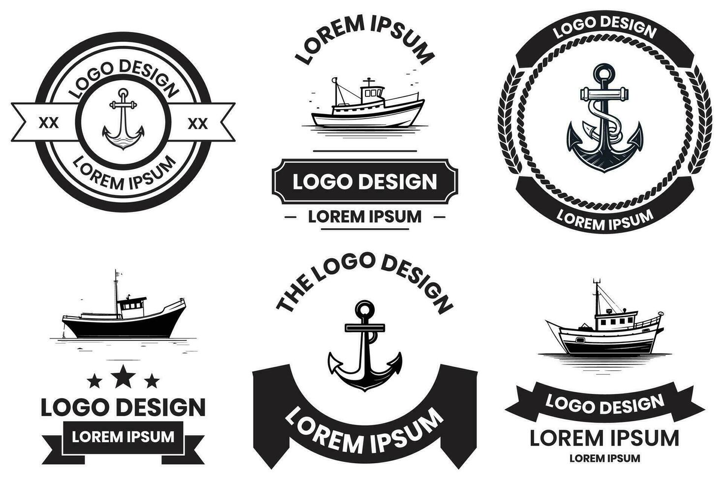 visvangst en maritiem logo in vlak lijn kunst stijl vector