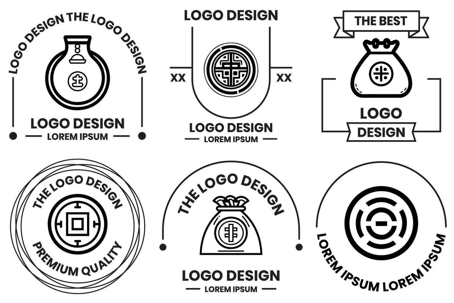 Chinese voorwerpen logo in vlak lijn kunst stijl vector