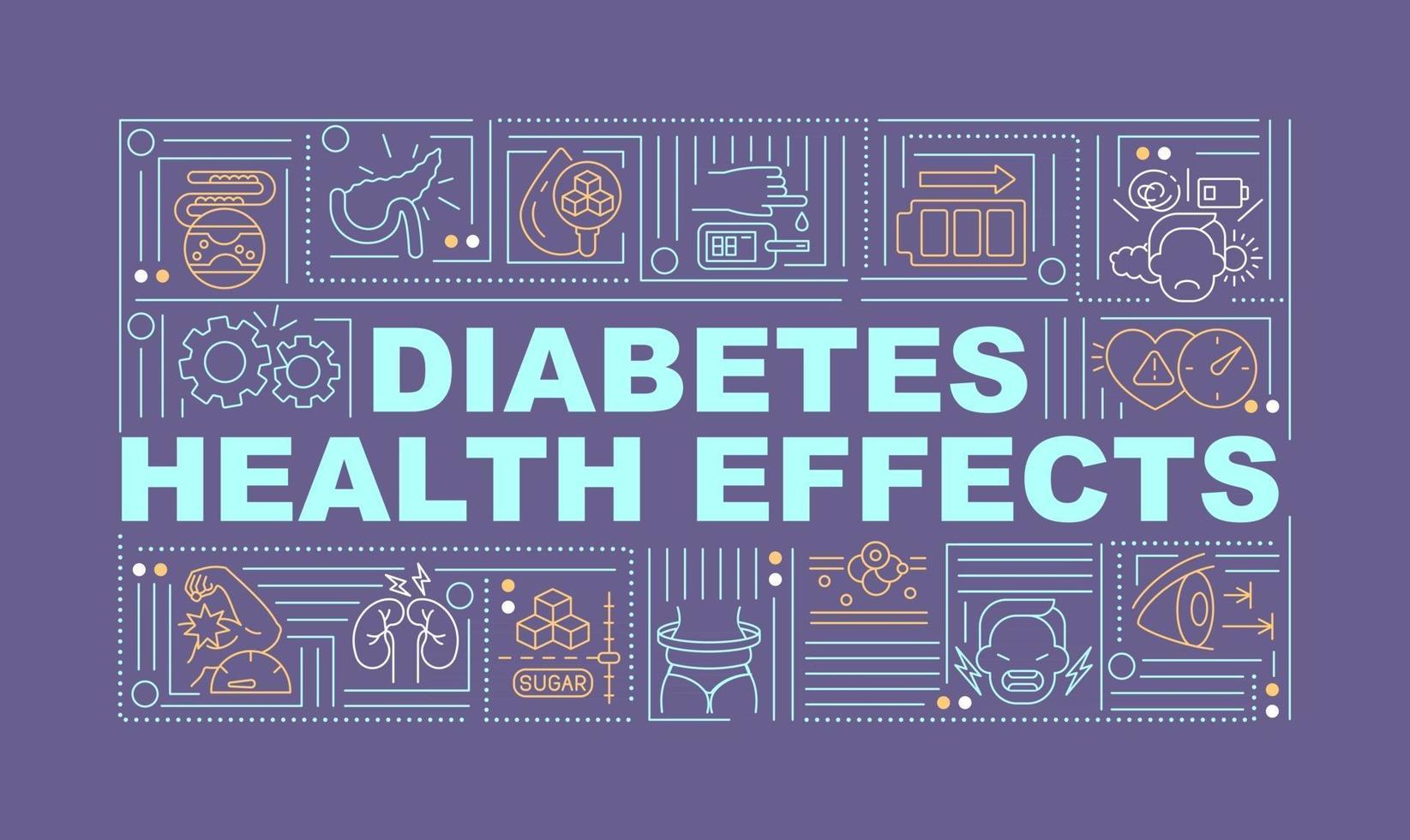 diabetes gezondheidseffecten woord concepten banner. ziekte resultaten. infographics met lineaire pictogrammen op paarse achtergrond. geïsoleerde creatieve typografie. vector overzicht kleur illustratie met tekst