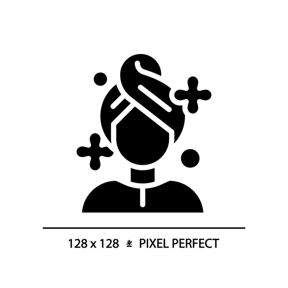 2d pixel perfect vrouw met haar- wassen glyph stijl icoon, geïsoleerd vector, haarverzorging gemakkelijk zwart silhouet illustratie. vector