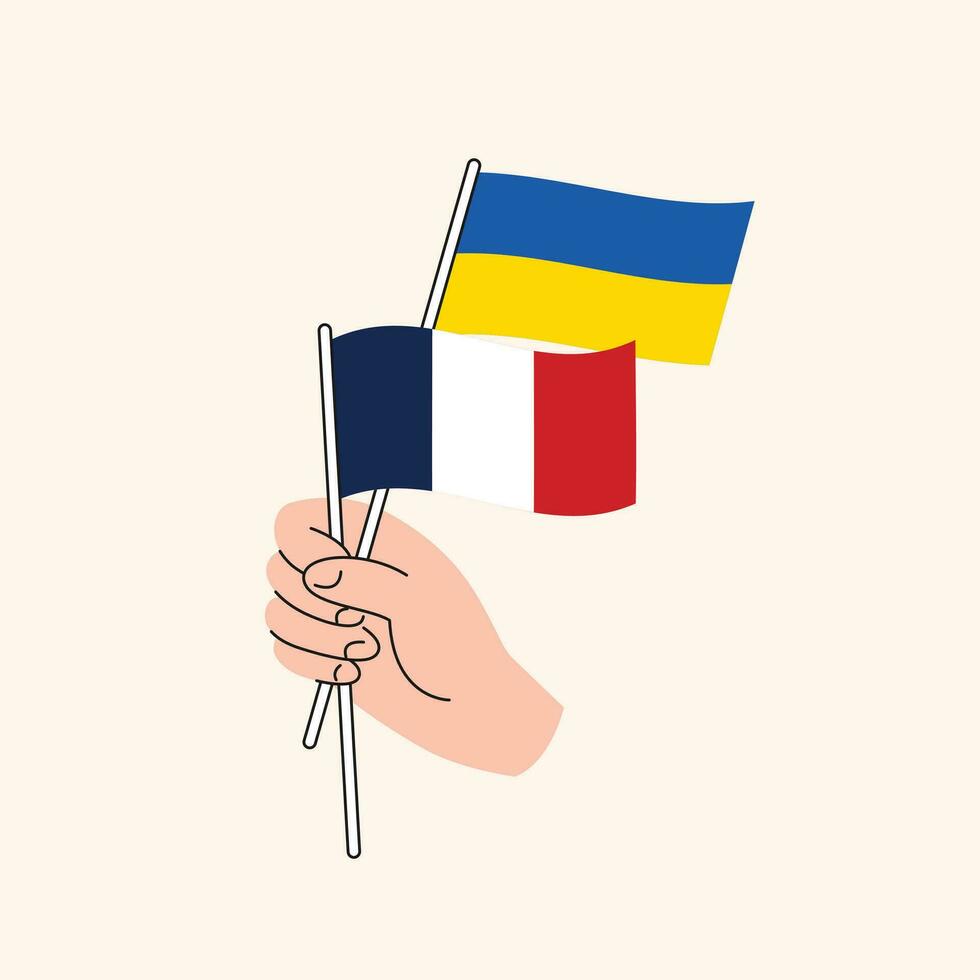 tekenfilm hand- Holding oekraïens en Frans vlaggen vector. Oekraïne Frankrijk relaties concept vector