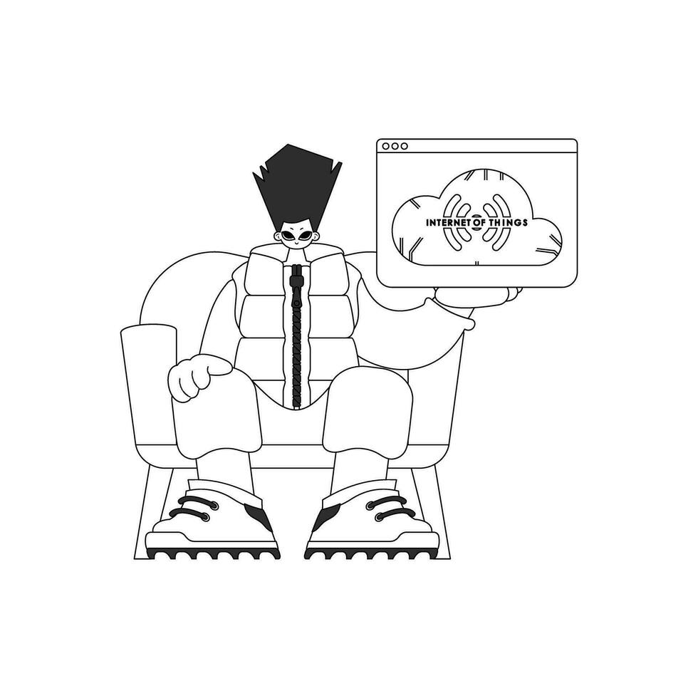 een persoon weergeven een logo symboliserend de 'Internet van dingen', in een simplistisch, vector kunst stijl