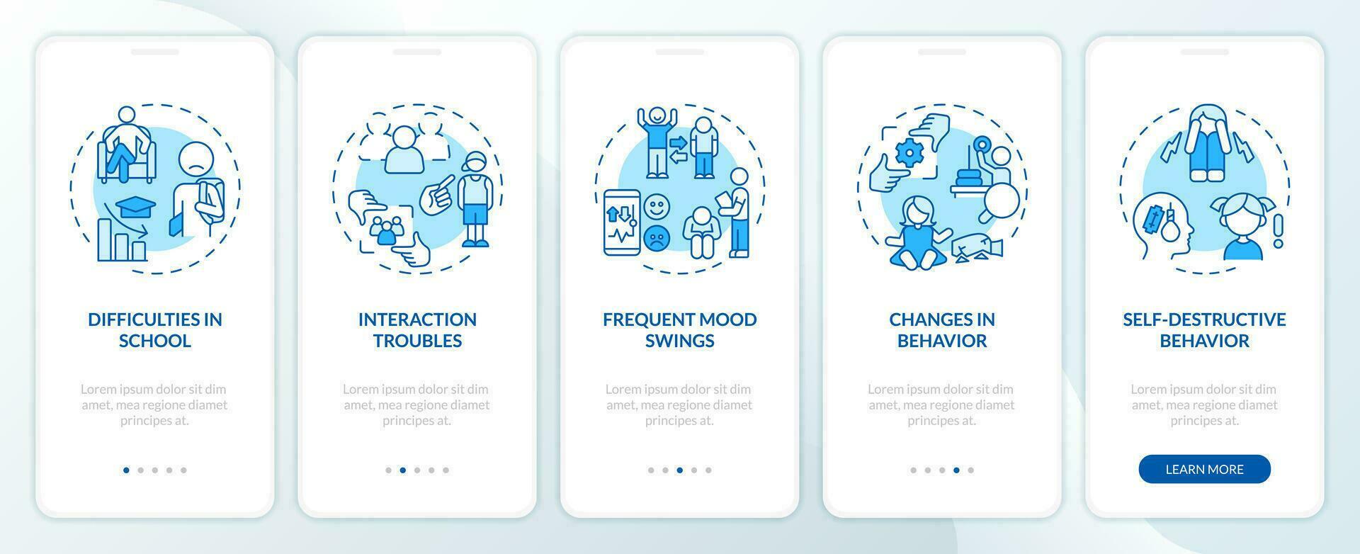 2d pictogrammen vertegenwoordigen gedragsmatig behandeling mobiel app scherm set. walkthrough 5 stappen blauw grafisch instructies met lijn pictogrammen concept, ui, ux, gui sjabloon. vector