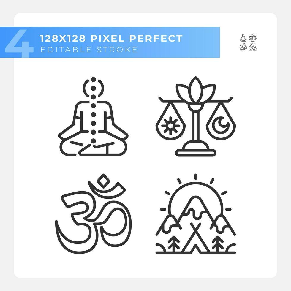 2d zwart pictogrammen reeks vertegenwoordigen meditatie, bewerkbare dun lineair welzijn illustratie. vector