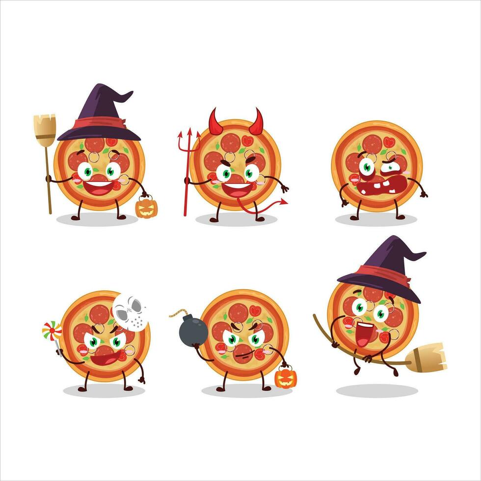 halloween uitdrukking emoticons met tekenfilm karakter van rundvlees pizza vector