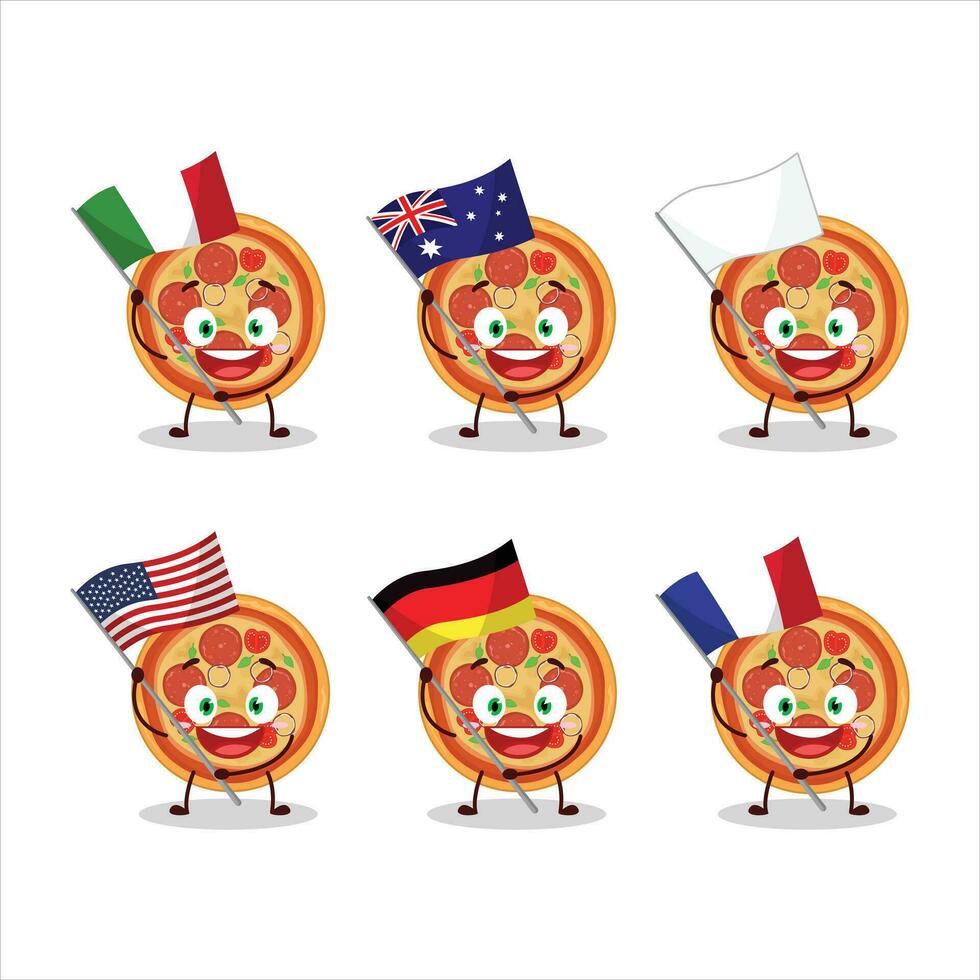 rundvlees pizza tekenfilm karakter brengen de vlaggen van divers landen vector
