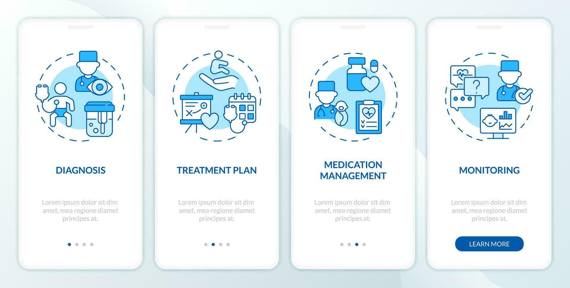 diagnose en behandeling blauw onboarding mobiel app scherm. kind kliniek walkthrough 4 stappen bewerkbare grafisch instructies met lineair concepten. ux, gui sjabloon vector