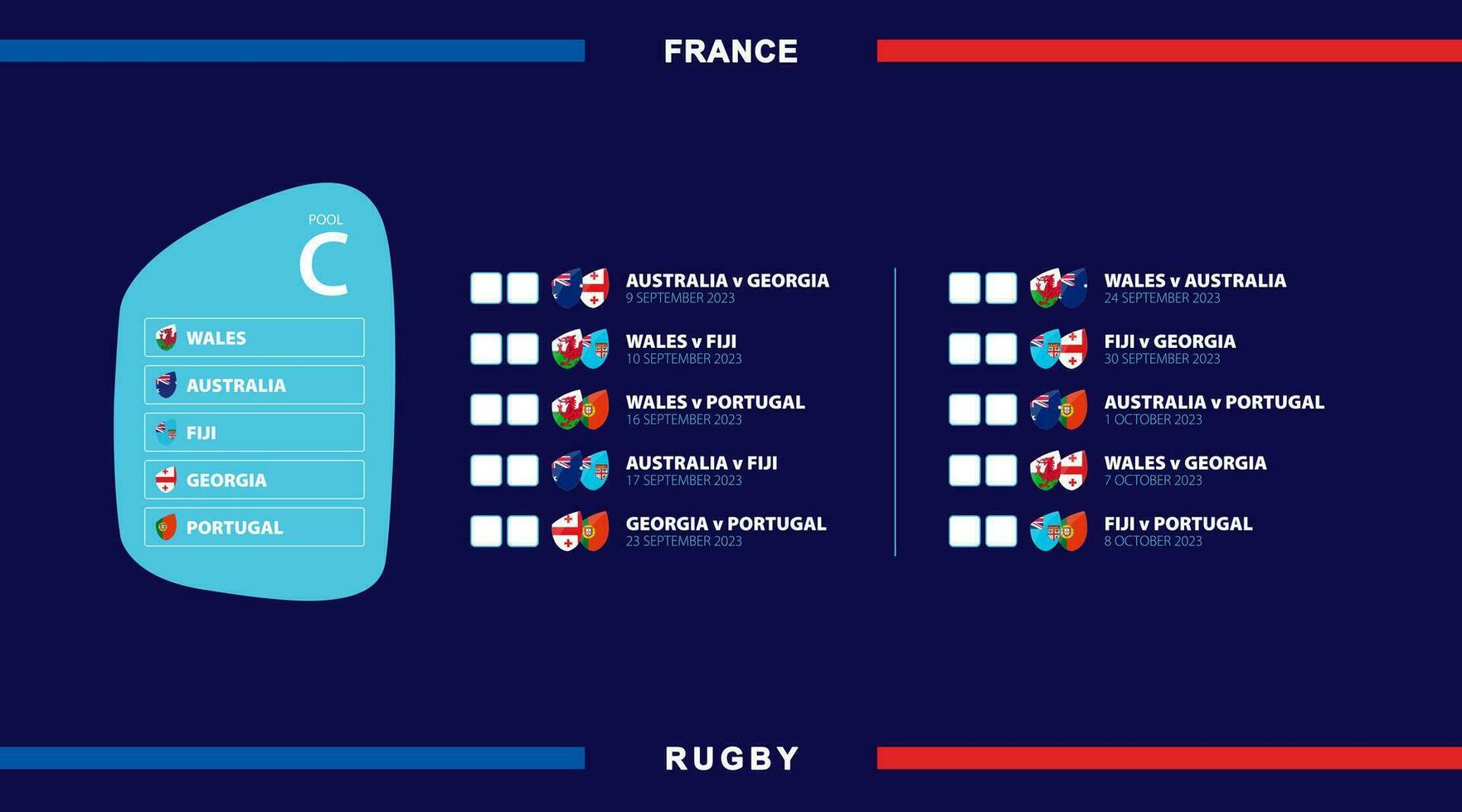 allemaal rugby wedstrijden in zwembad c, vlaggen van deelnemers in Internationale rugby wedstrijd in Frankrijk. vector