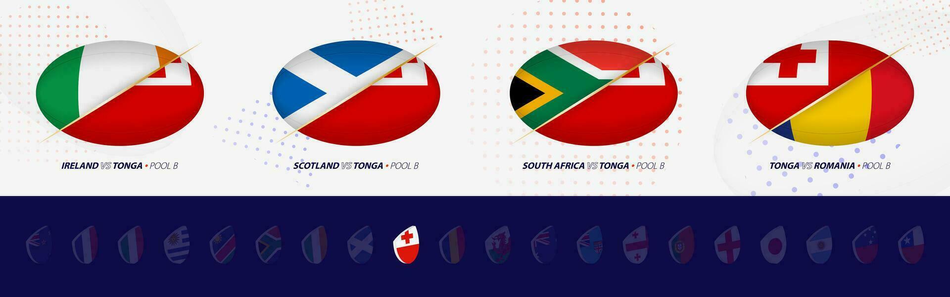 rugby wedstrijd pictogrammen van Tonga rugby nationaal team, allemaal vier wedstrijden icoon in zwembad. vector