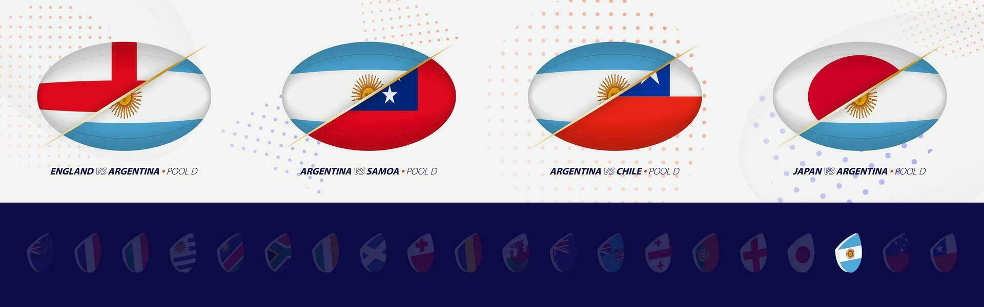 rugby wedstrijd pictogrammen van Argentinië rugby nationaal team, allemaal vier wedstrijden icoon in zwembad. vector