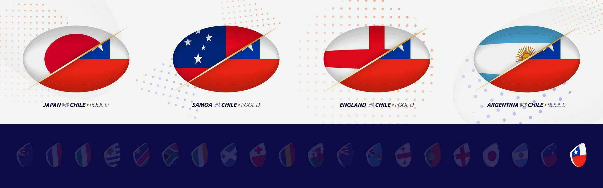 rugby wedstrijd pictogrammen van Chili rugby nationaal team, allemaal vier wedstrijden icoon in zwembad. vector