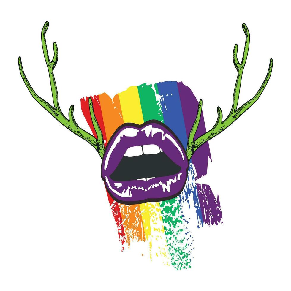 sexy lippen t-shirt ontwerp met elanden hoorns over- regenboog kleuren. vector illustratie mooi zo voor homo trots dag.