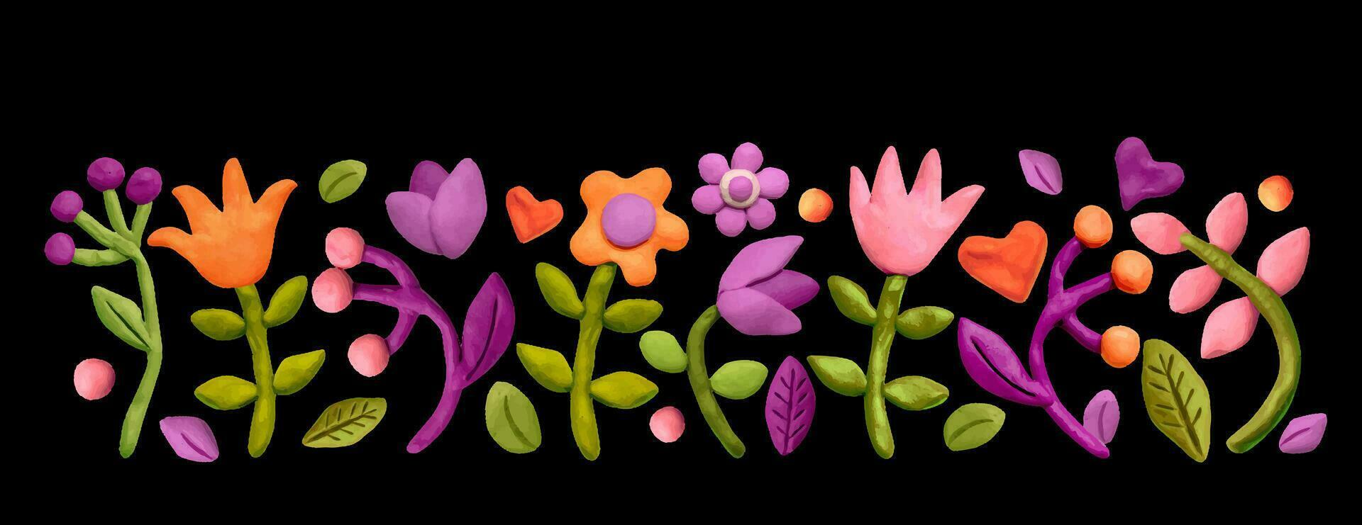 grens divers bloemen, bladeren, kruiden en plasticine harten. gekleurde plasticine klei 3d illustratie Aan zwart achtergrond, schattig deeg vorm vector