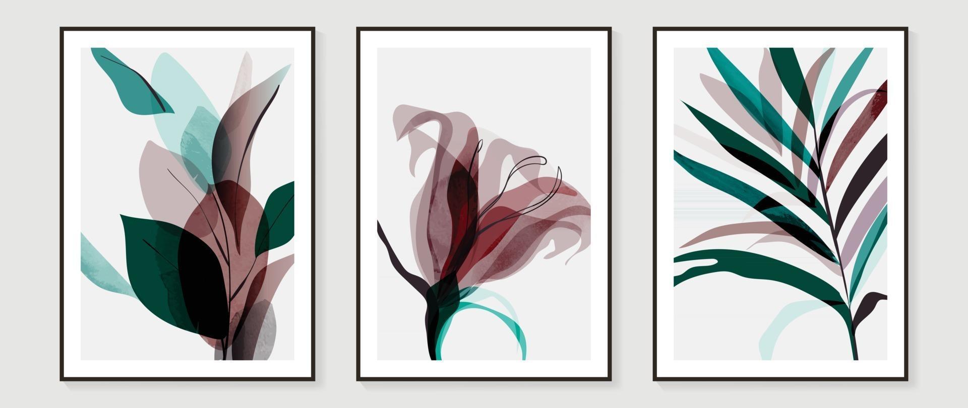 abstracte kunst tropische bladeren achtergrond vector. muurkunstontwerp met aquarelkunsttextuur van bloemen en palmbladeren vector