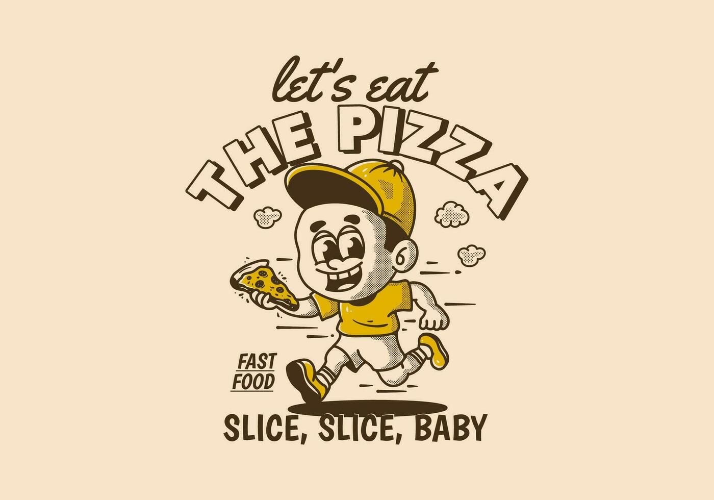 laten we eten de pizza, illustratie van een weinig jongen rennen en Holding een plak van pizza vector