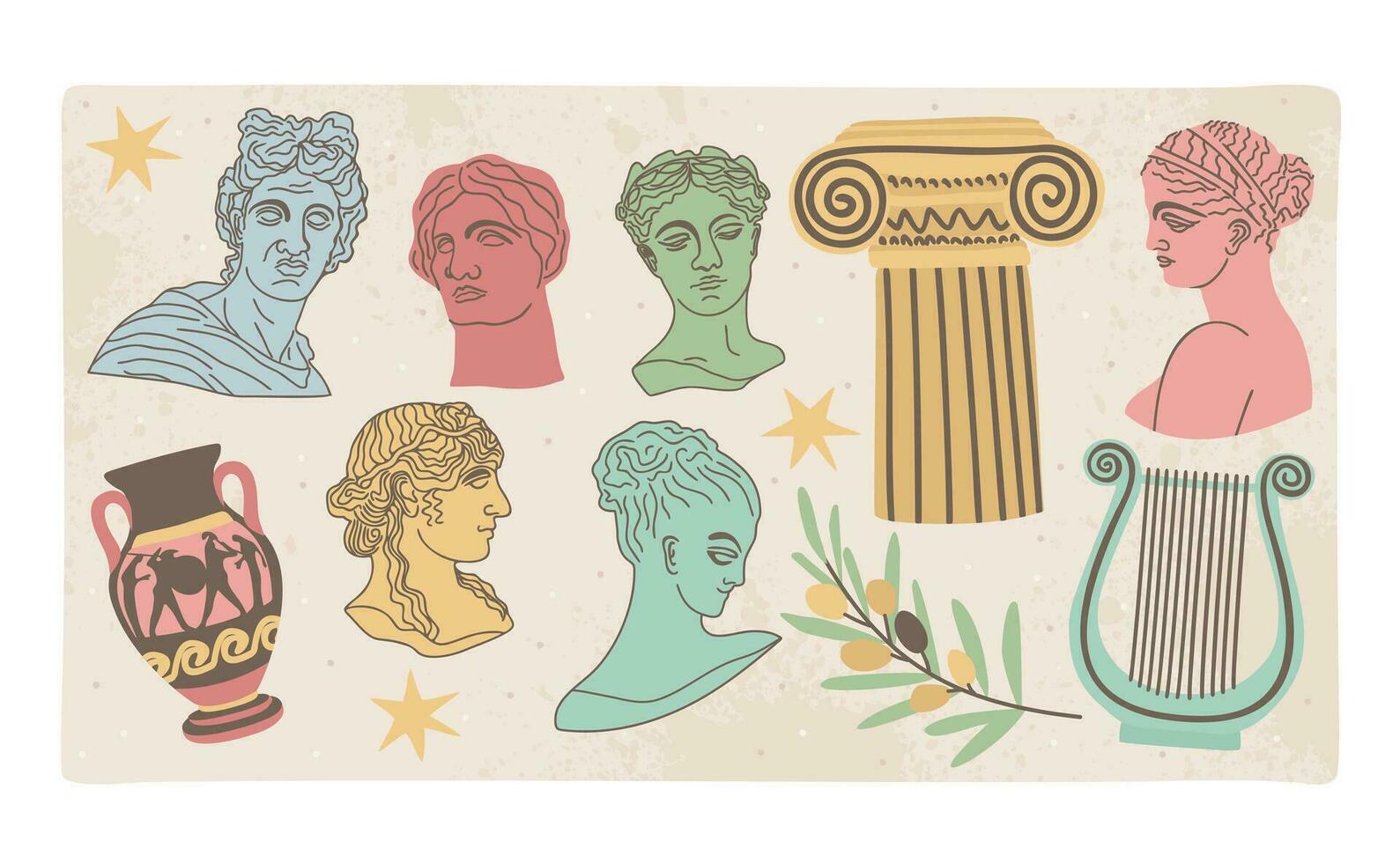 antiek verzameling. standbeelden, vaas, kolom, olijven, harp. vector illustratie